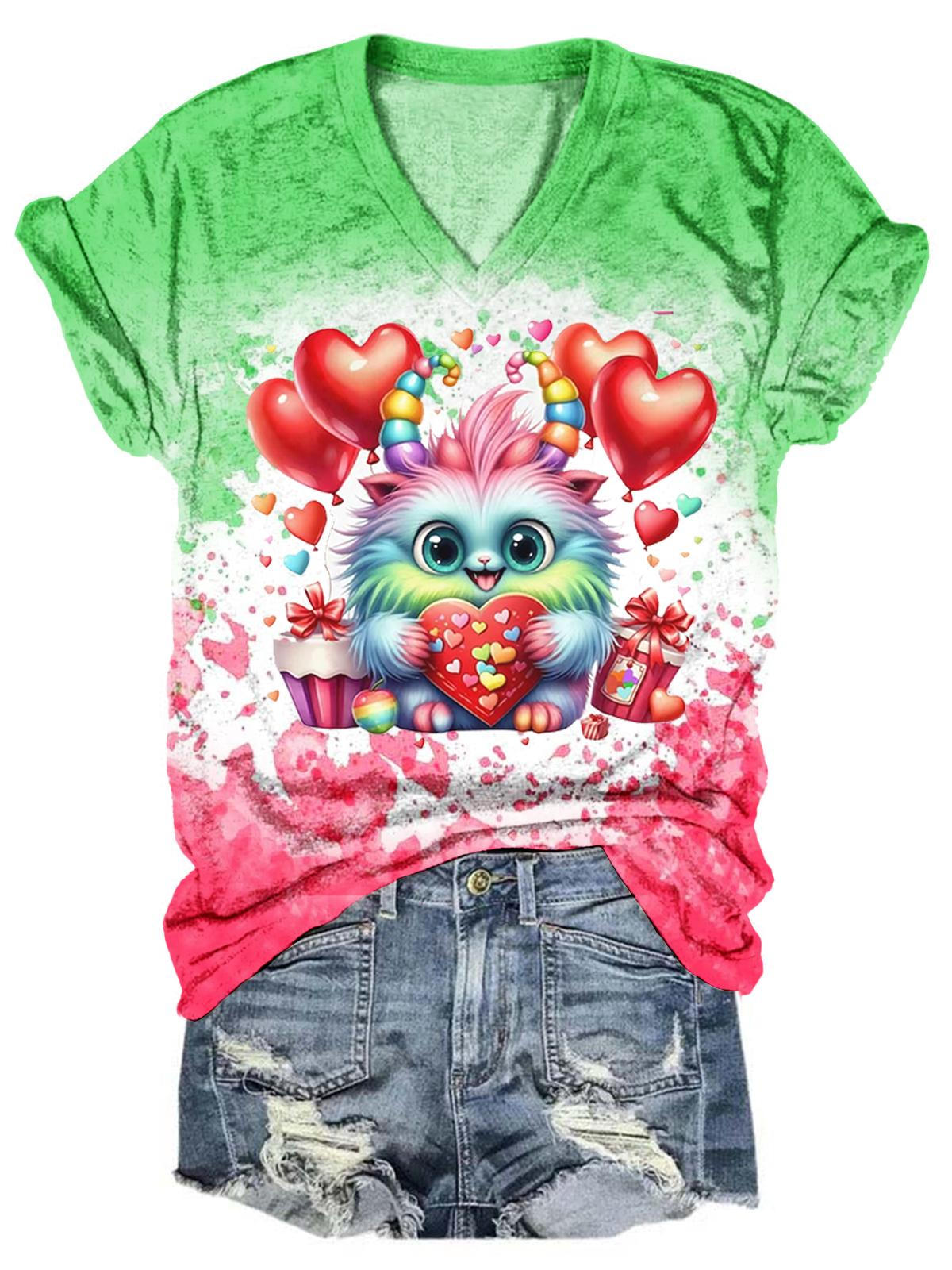 Valentines Cute Monsters Print Short Sleeve T-Shirt