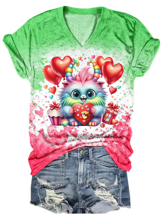 Valentines Cute Monsters Print Short Sleeve T-Shirt