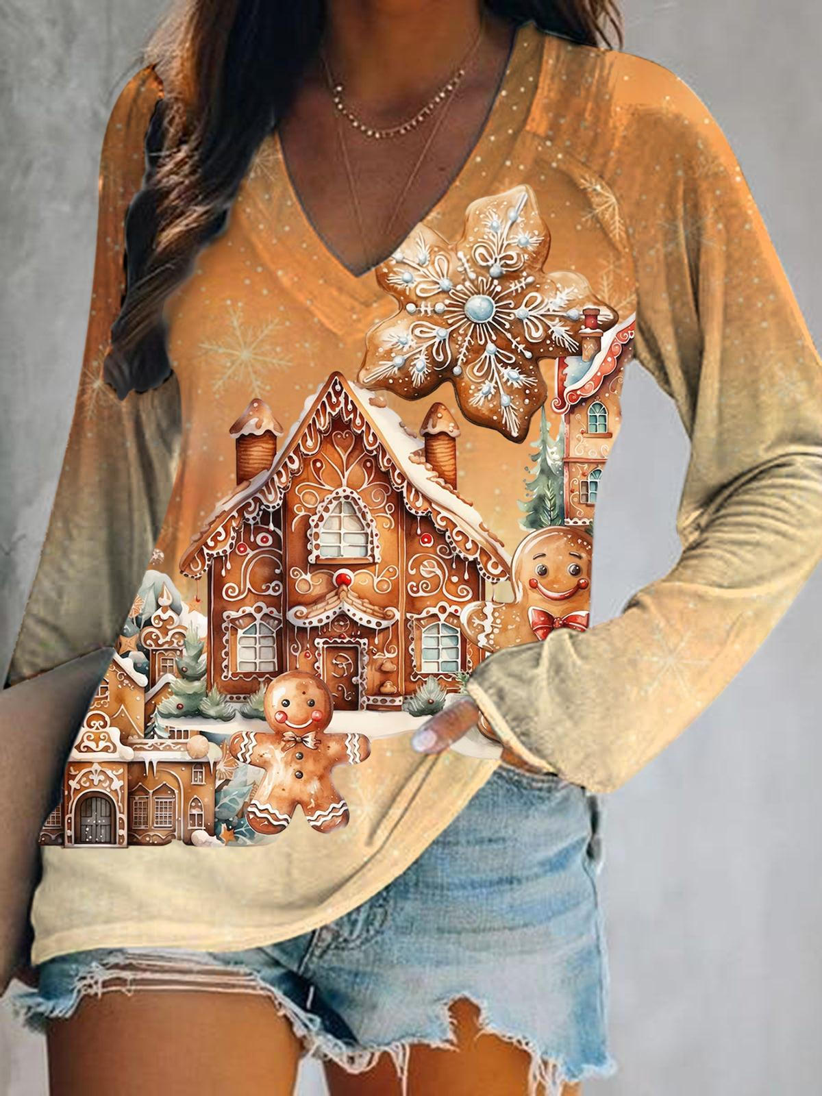 Christmas Gingerbread Print V-Neck Long Sleeve Top