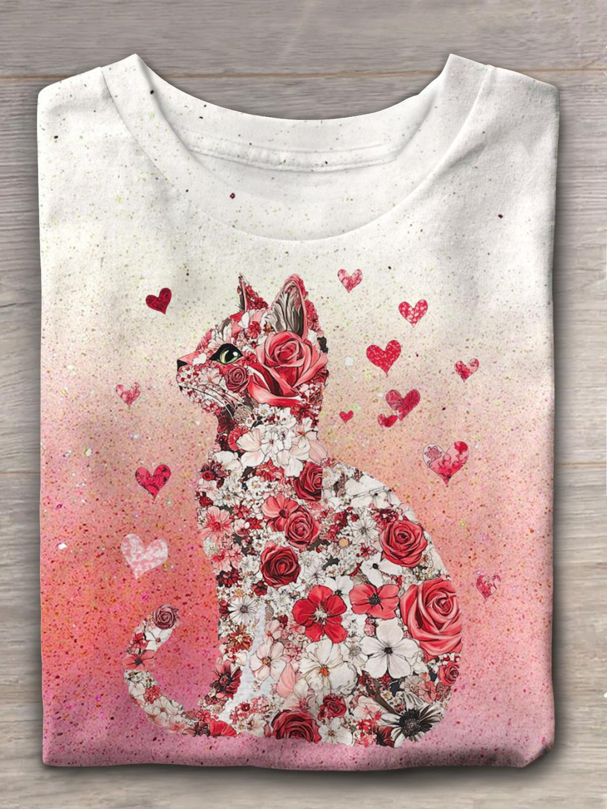 Heart Design Valentine Cat Crew Neck T-shirt