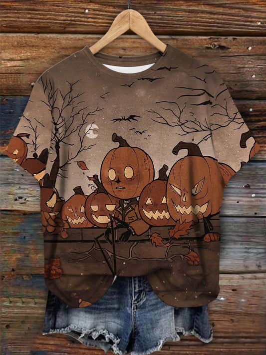 Women's Pumpkin Halloween Element Print Round Neck Short Sleeve T-shirt