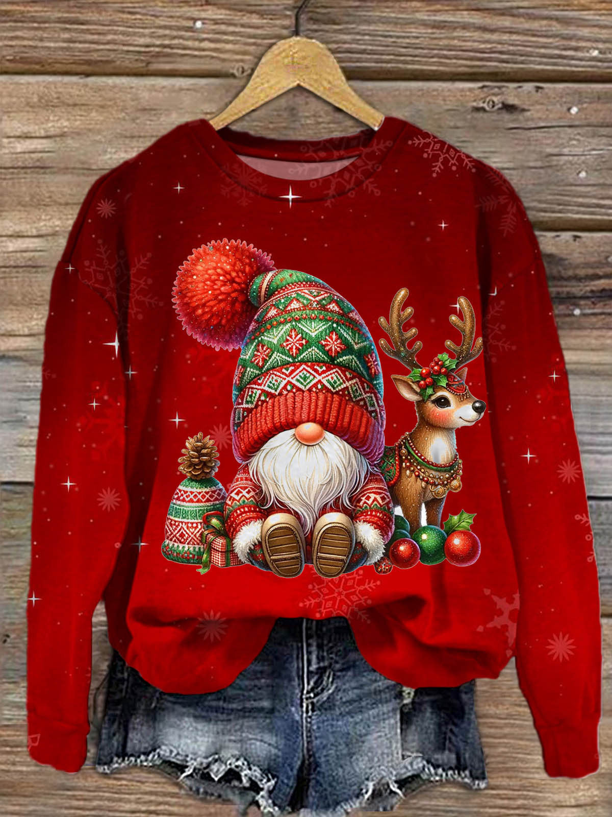 Women's Gnome And Reindeer Round Neck Long Sleeve Top