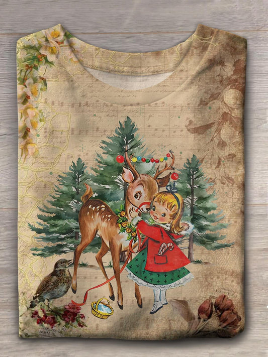 Little Girl And Her Christmas Deer Crew Neck T-shirt