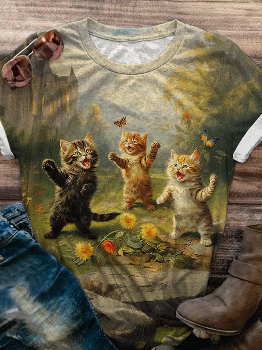 Women's Vintage Crazy Kitten Wild Vacation Forest Print Casual T-shirt