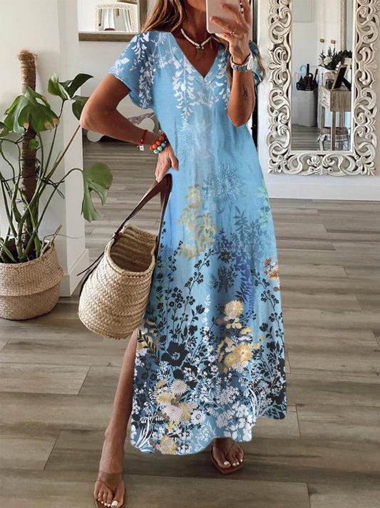 Floral Short Sleeve V Neck Maxi Dress