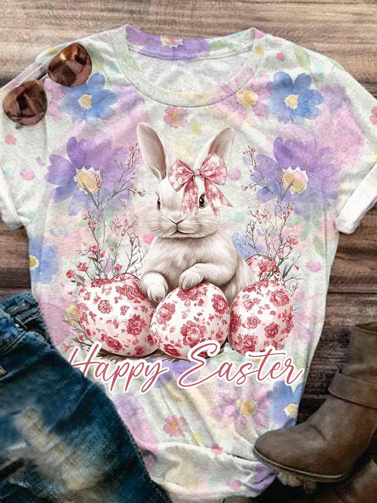 Happy Easter Day Cute Rabbit Summer Floral Casual Holiday Print T-shirt