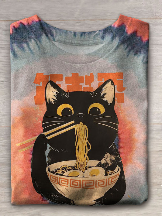 Women's Greedy Cat Tie Dye Fun Print Casual T-shirt