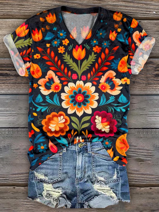 Women's Floral Print V-Neck T-Shirt