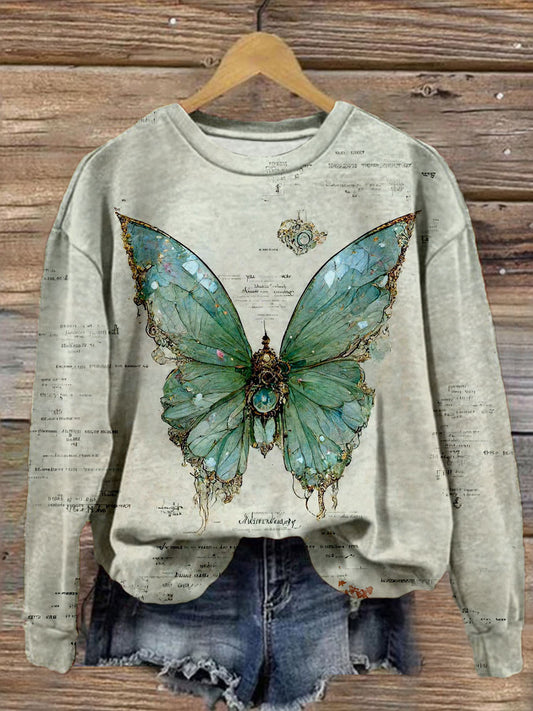 Women's Butterfly Retro Print Crew Neck Casual Sweatshirt