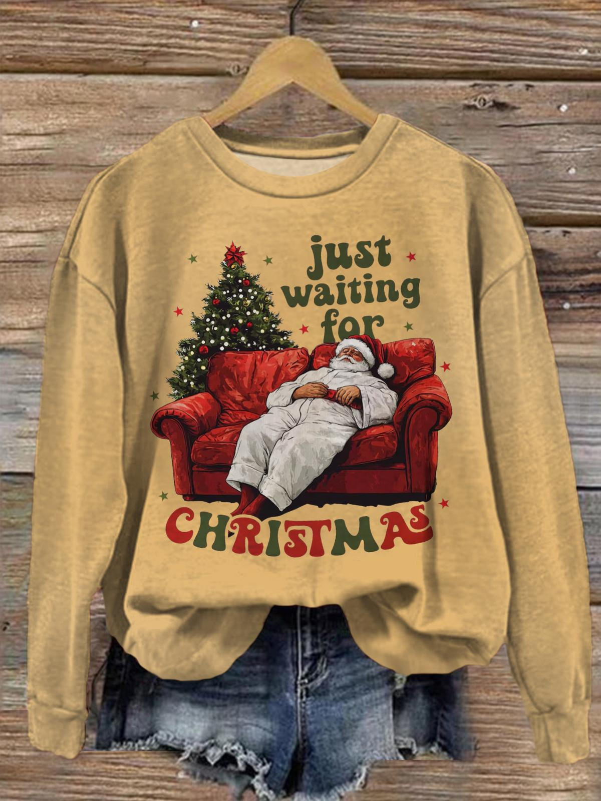 Women's Just waiting for Christmas Santa Claus Crew Neck Casual Sweatshirt