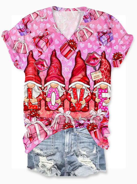 Valentine's Day Gnome Print Short Sleeve Crew Neck T-Shirt