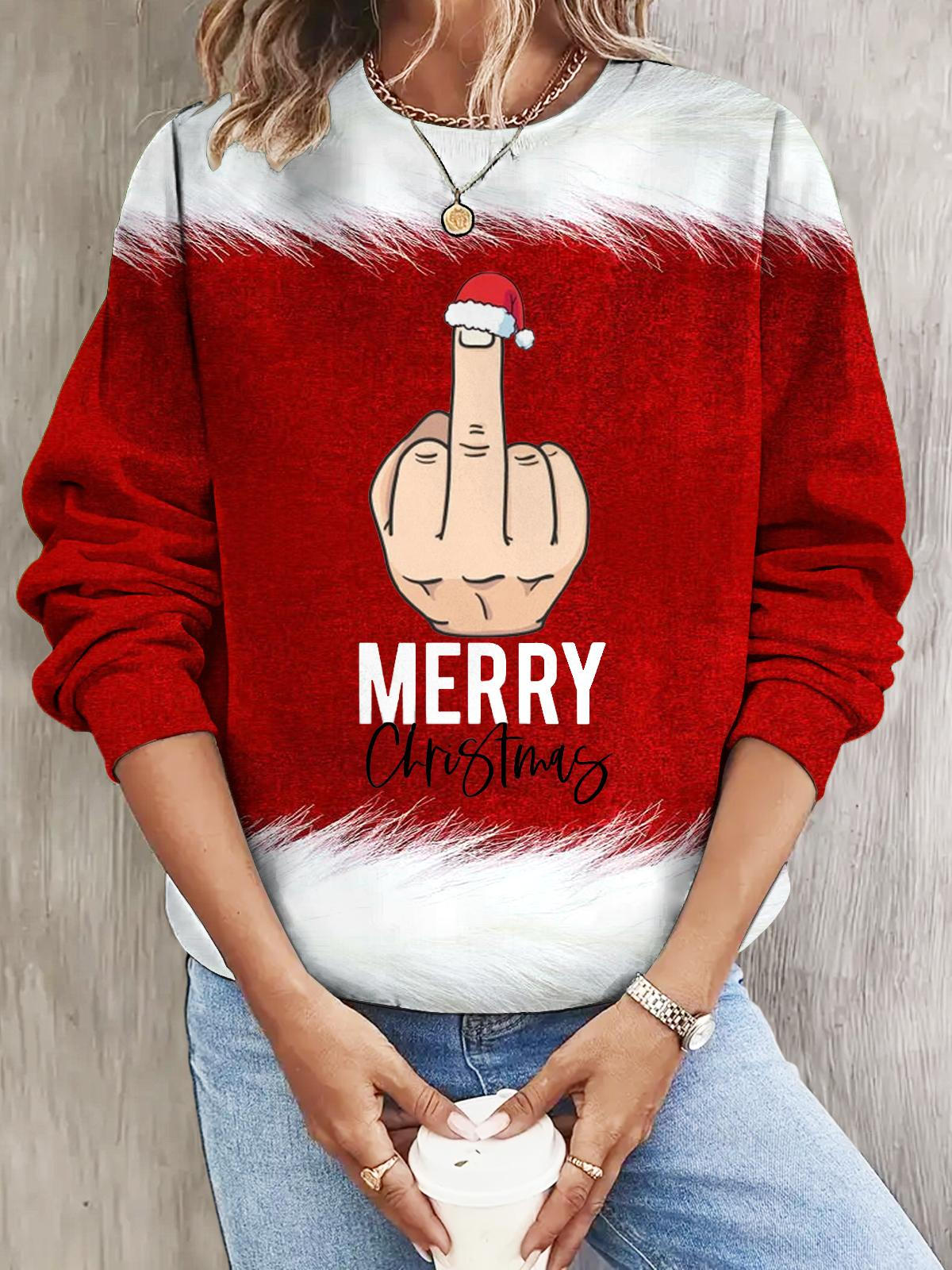 Women's Middle Finger Merry Christmas Long Sleeve Casual Top