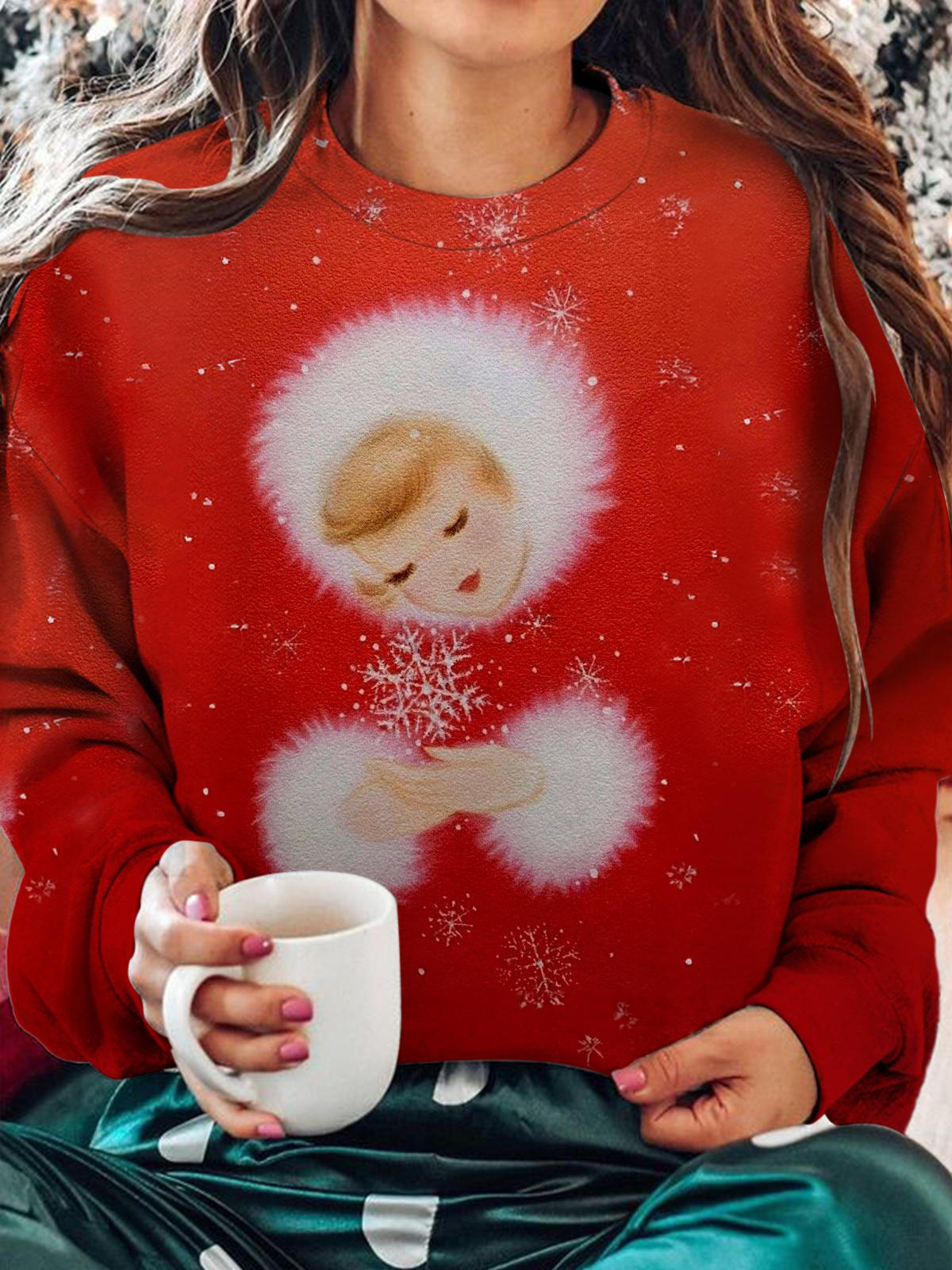 Vintage Christmas Girl Printed Long Sleeve Casual Top