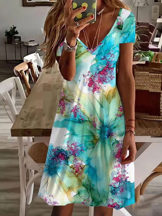 Abstract Ink Floral Print V Neck Short Sleeve Dress