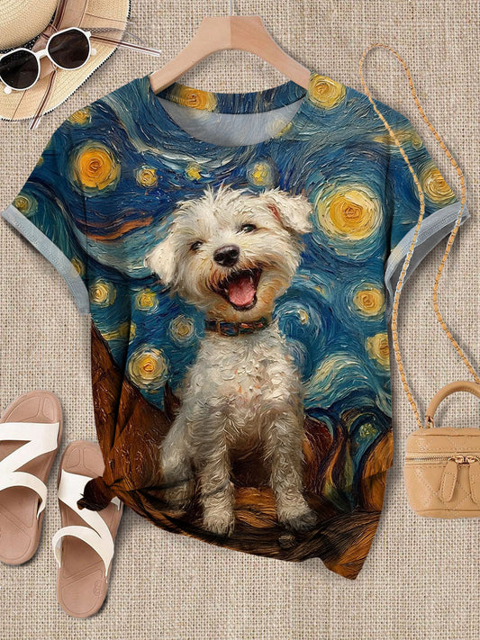 Women's Cute Puppy Oil Painting Art Print Casual T-shirt