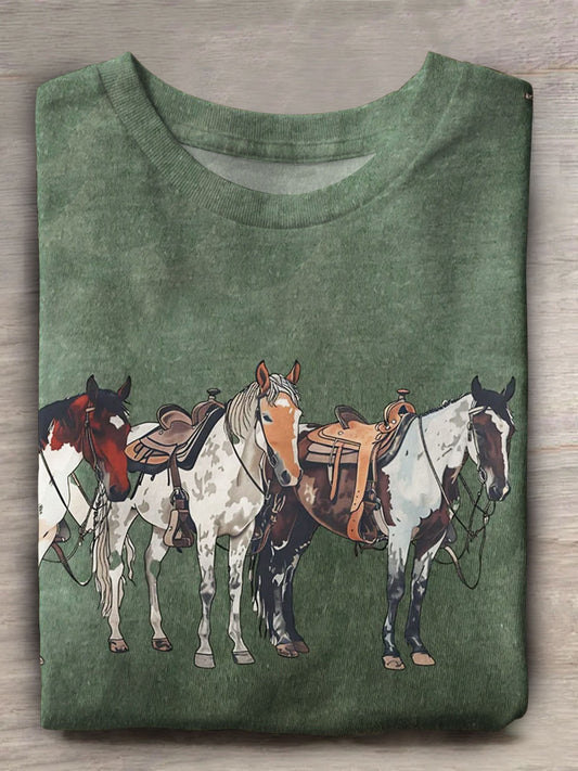 Vintage Western Horse Print Short Sleeve Top