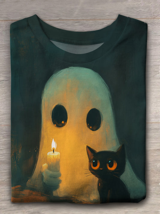 Women's Ghost And Cat Crew Neck T-shirt