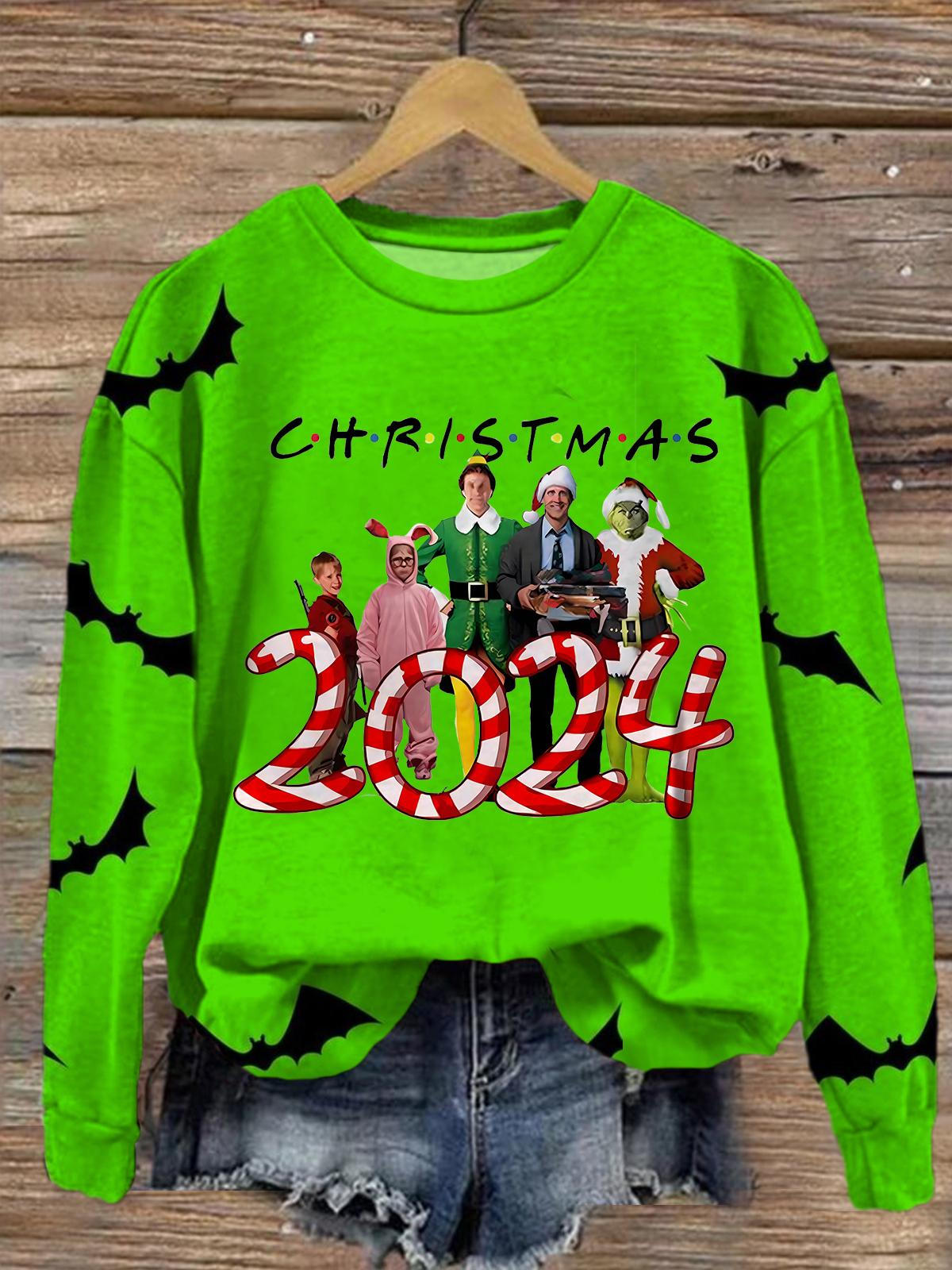 Women's 2024 Merry Christmas Movies Crew Neck Casual Sweatshirt