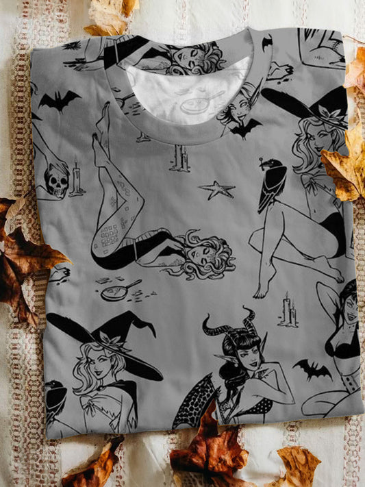 Women's summer devil Halloween element print round neck short sleeve T-shirt