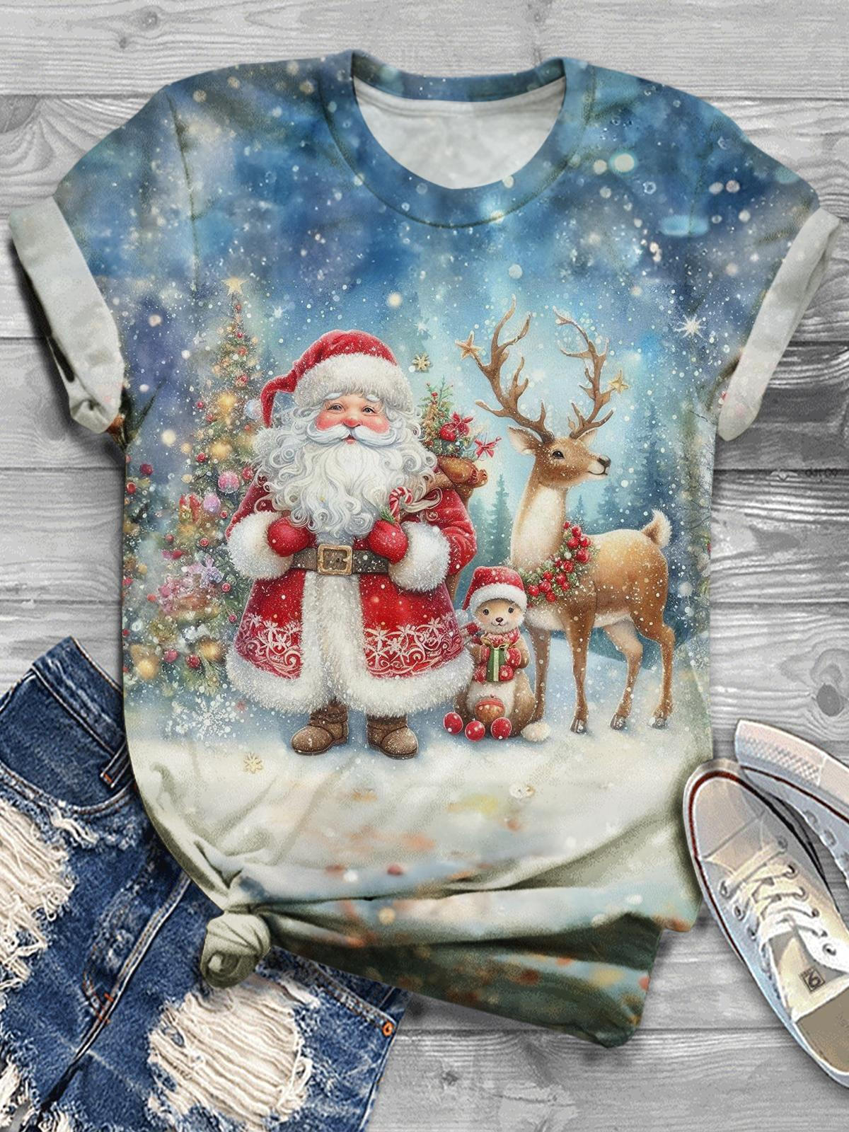 Women's Christmas Santa Claus Snow Scene Vintage Print Casual T-shirt