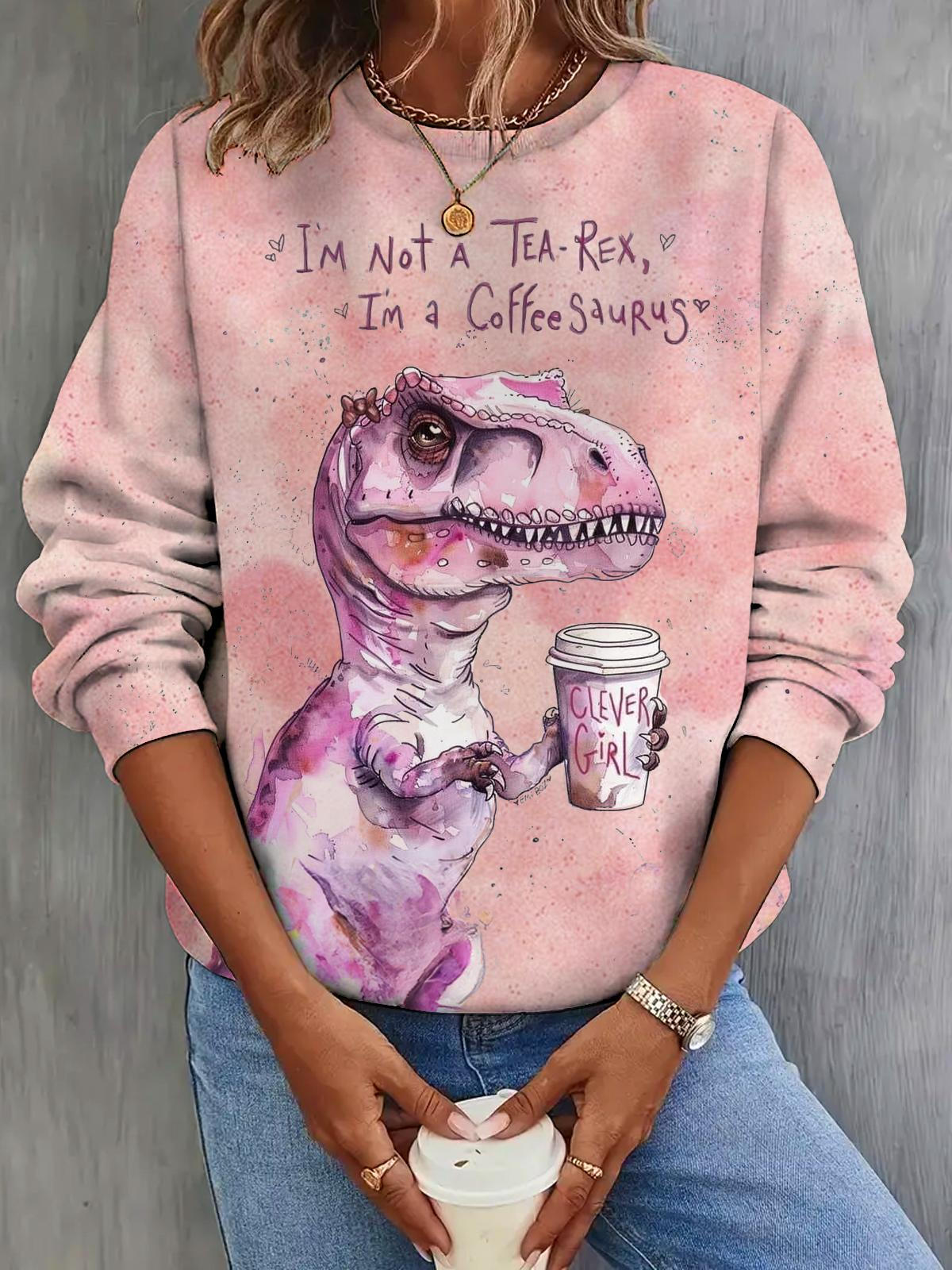 Women's Coffee Saurus Dinosaur Girls Print Long Sleeve Top