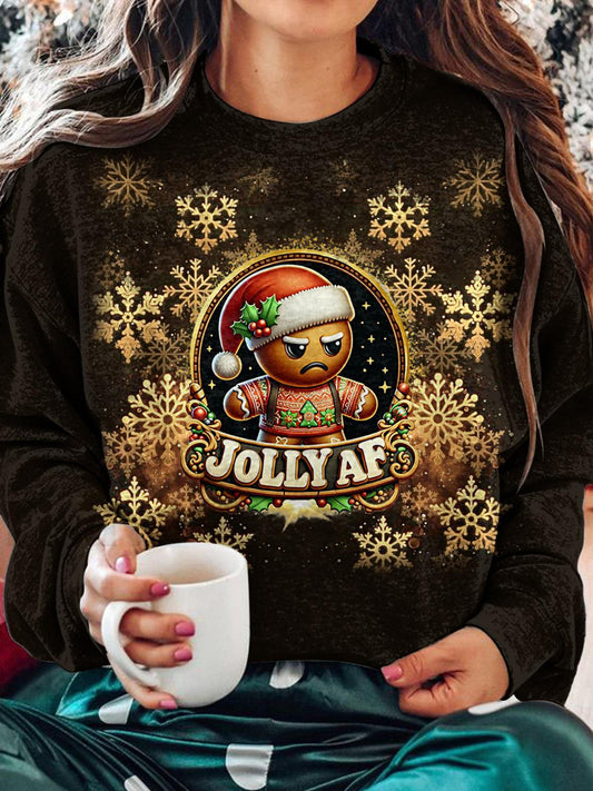 Women's Christmas Jolly AF Gingerbread Man Crew Neck Casual Sweatshirt