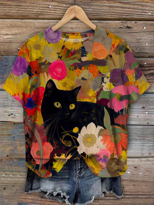 Garden Style Cat Print Crew Neck T-shirt