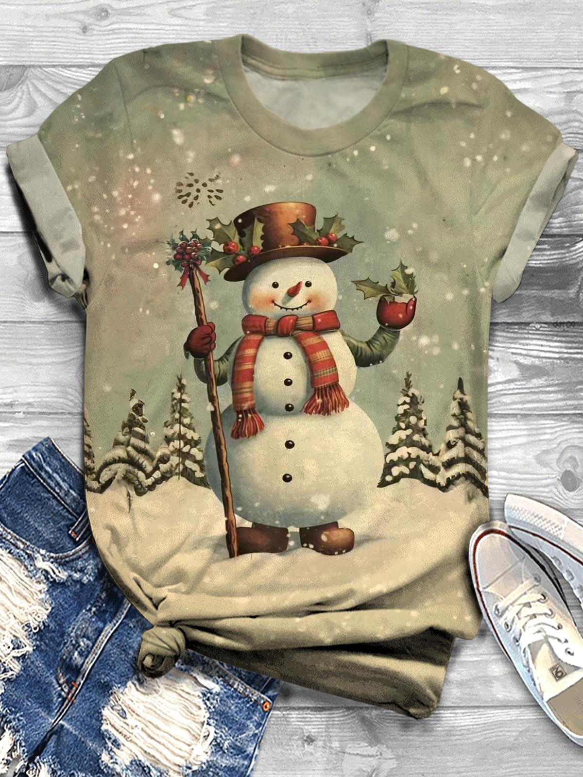 Winter Cute Snowman Crew Neck T-shirt