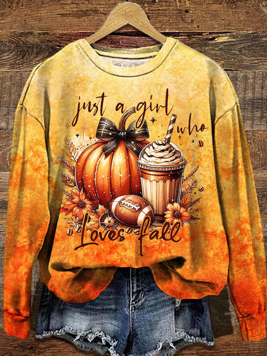 Women's Autumn Pumpkin Football Round Print Round Neck Long Sleeve Top