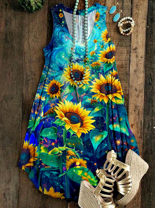 Sunflower Print Sleeveless V Neck Dress