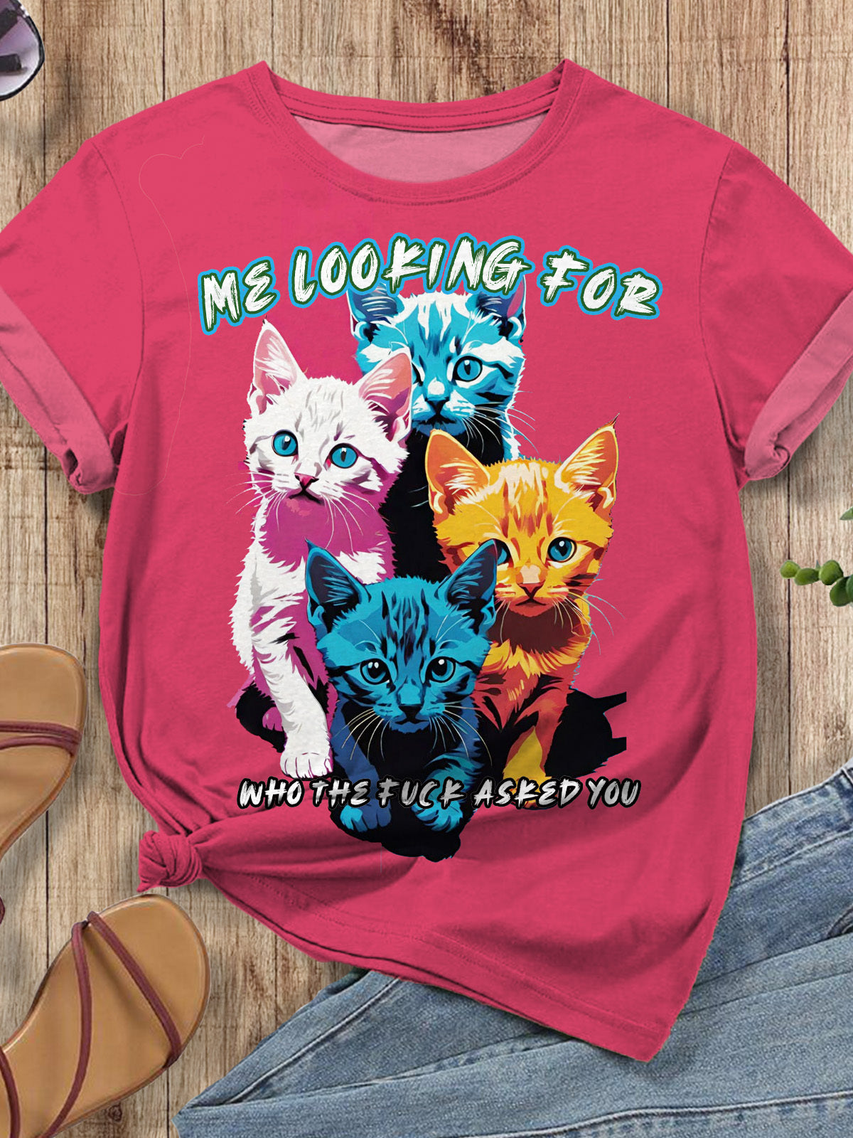 Me Looking For Who The Fuck Asked You cat print T-shirt