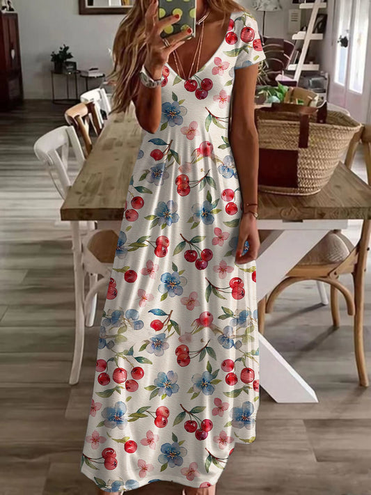 Women's Summer Cherry Print Casual Short Sleeve Long Dress