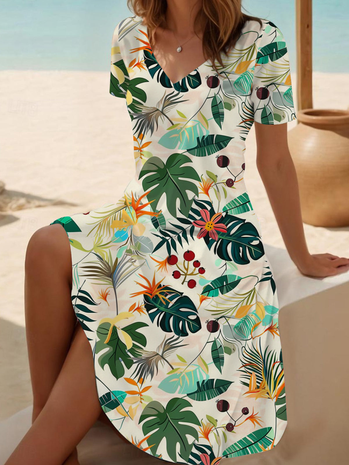 Tropical Plant Print V Neck Short Sleeve Dress