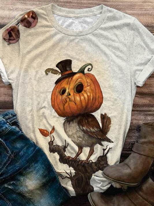 Pumpkin Owl Print Retro T-shirt