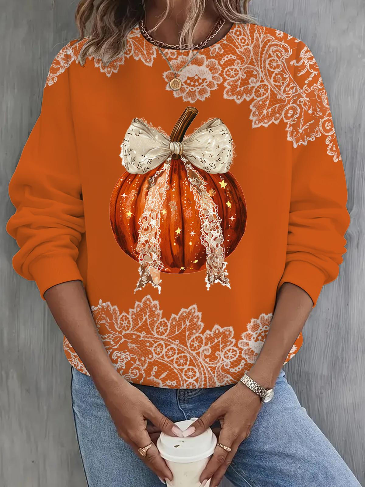 Natural Bow Pumpkin Long Sleeve Casual Top