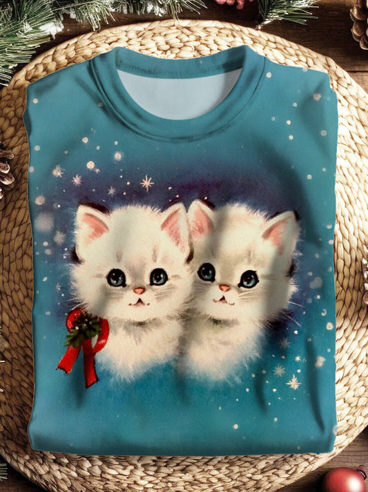 Women's Christmas Cute Cat Vintage Print Casual Long Sleeve Top