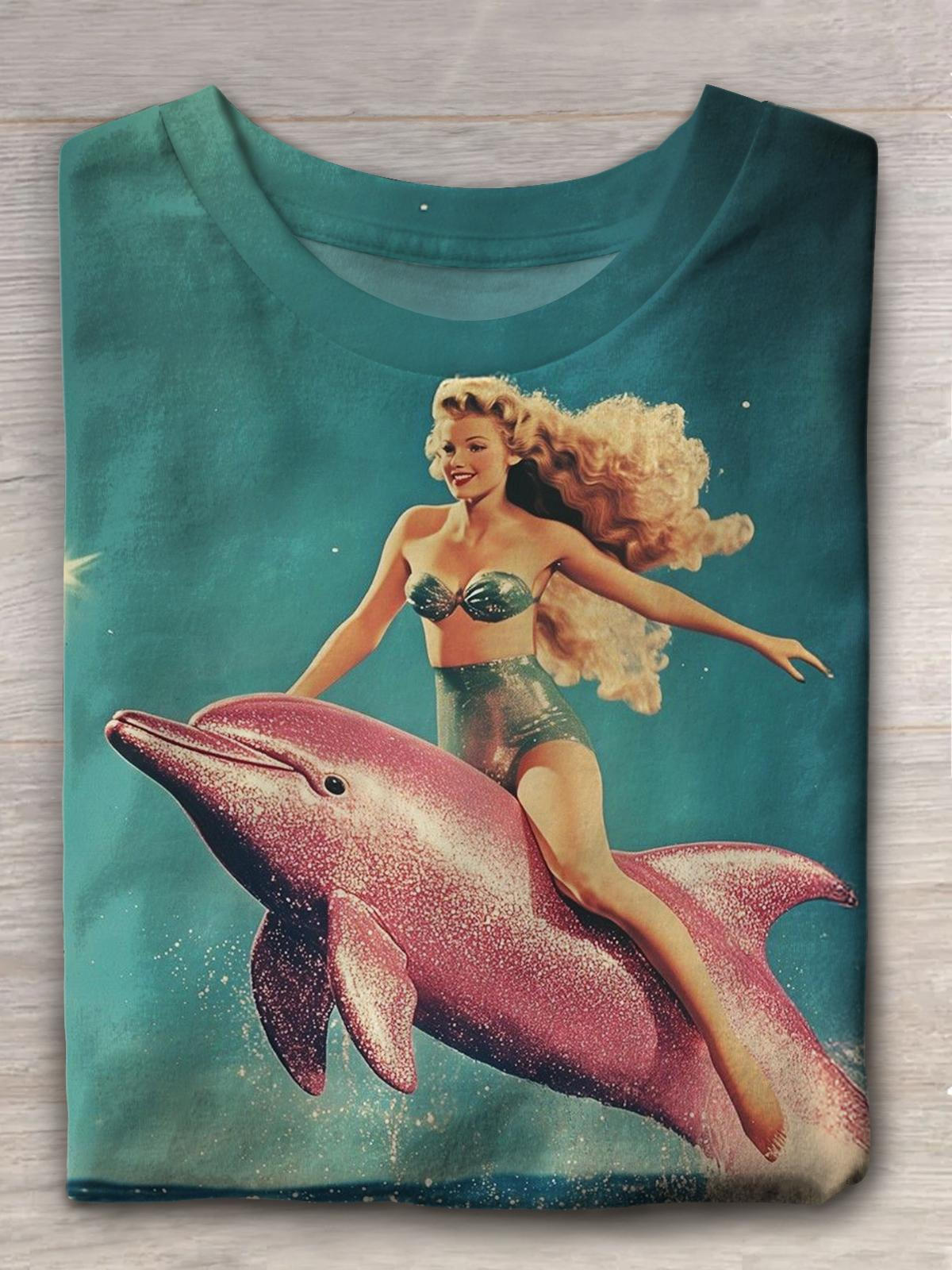 Sexy Girl Vintage Pictorial Dolphin Fun Art Print T-shirt