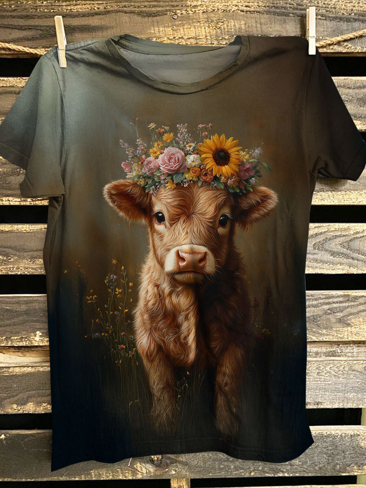 Women's Retro Cow Floral Gradient Print Casual T-shirt