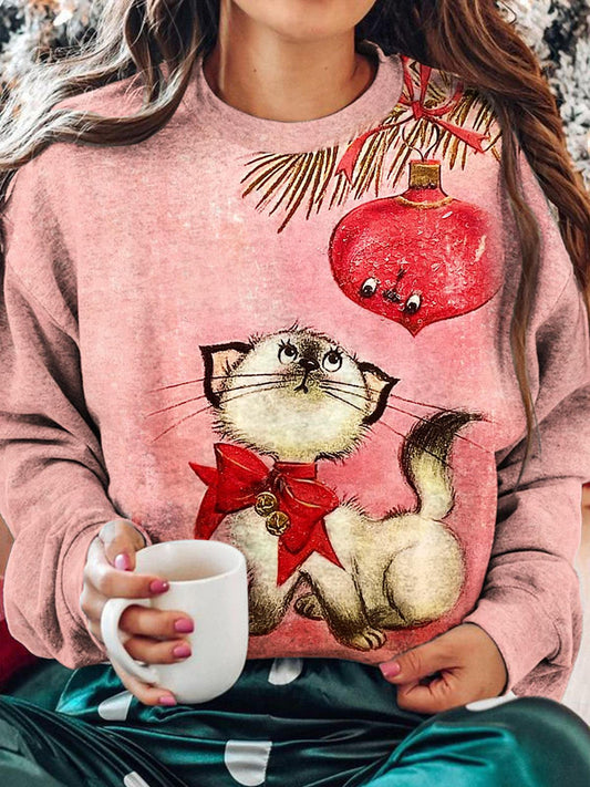 Women's Vintage Pink Christmas Kitty Print Top