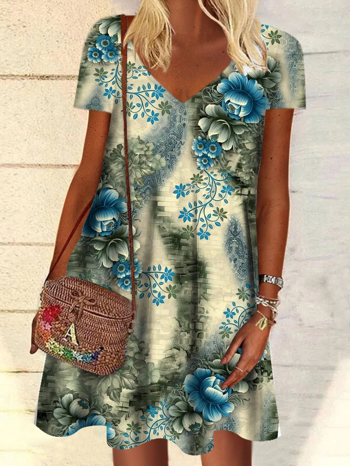 Floral Print V Neck Short Sleeve Dress