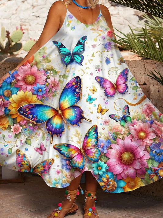 Gorgeous Floral Butterflies Print Casual Spaghetti Strap Dress