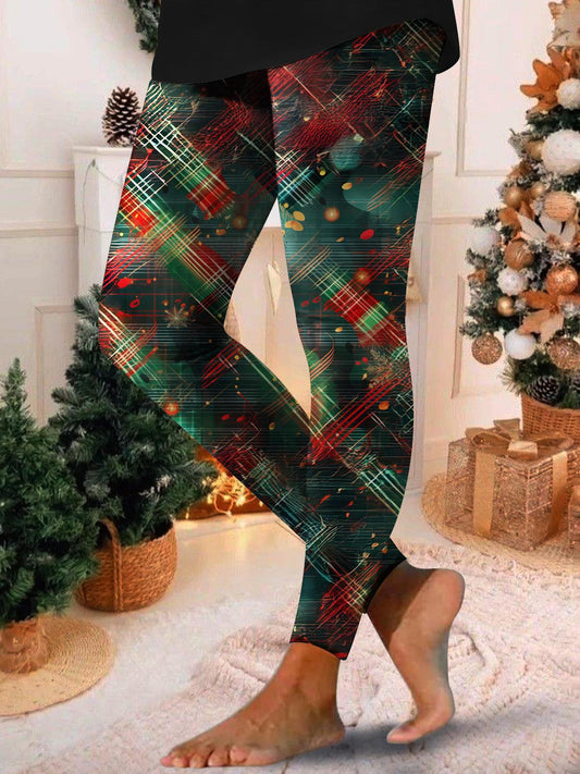 Green Abstract Checkered Pattern Print Leggings