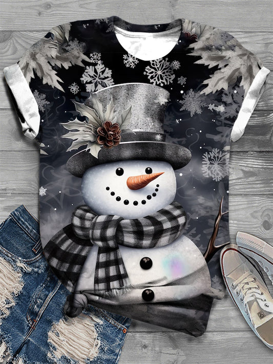 Women's Winter Snowflake Snowman Print Round Neck T-Shirt