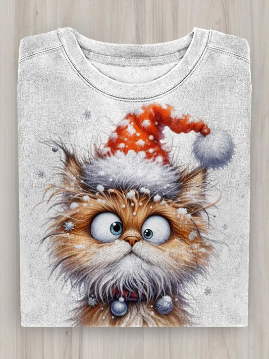 Christmas Funny Cat Crew Neck T-shirt