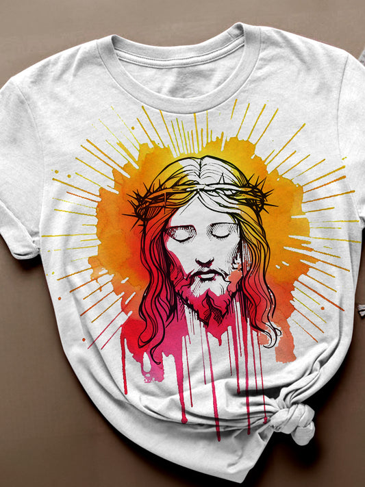 Women's Summer Jesus Gradient Print Short Sleeve T-Shirt
