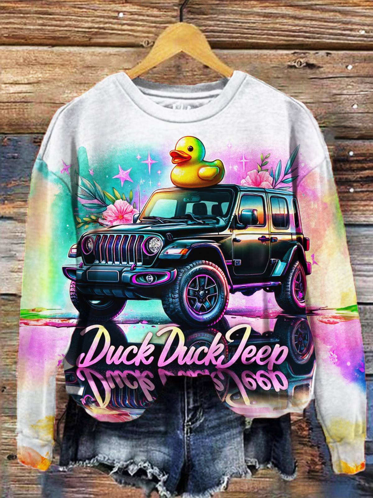 Duck Print Round Neck Long Sleeve Top