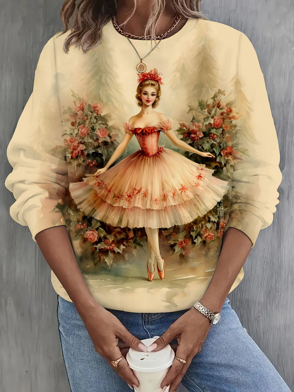 Vintage Christmas Ballerina Print Long Sleeve Casual Top