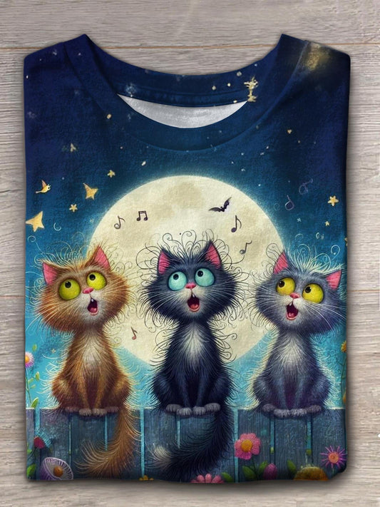 Cute Cat Retro Crew Neck T-shirt