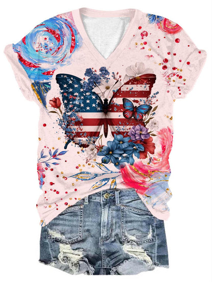 Independence Day Floral Butterfly Print V-Neck T-Shirt
