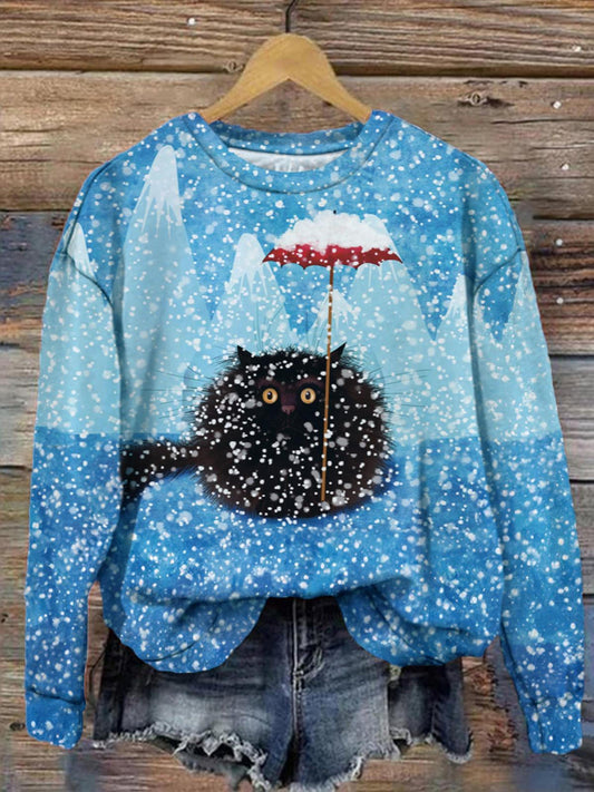 Women's Winter Cat Snow Scene Print Casual Long Sleeve Top